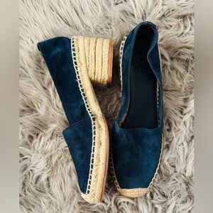 Tory Burch Positano Leather Slip On Heel Loafer Espadrille Women’s Sz 7.5 Navy